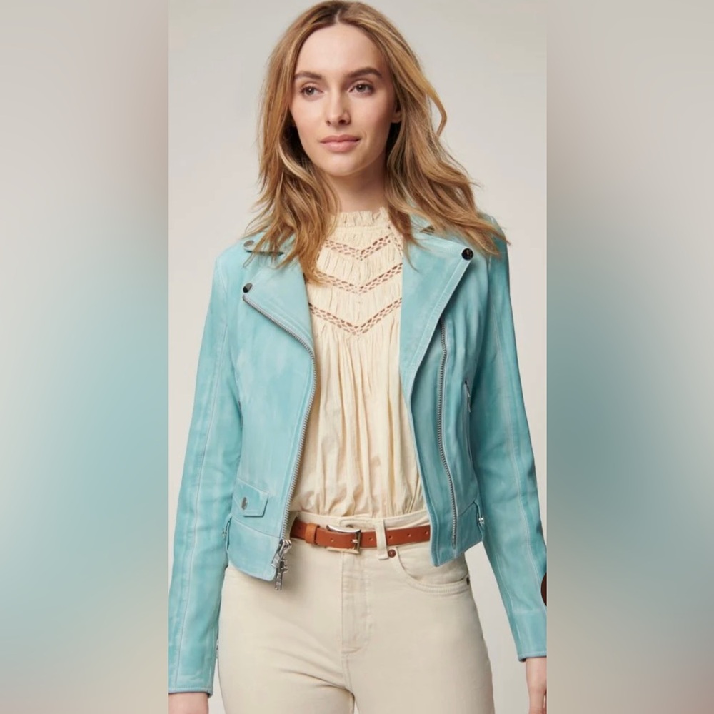 AMI Teal Turquoise Vintage 100% Leather Jacket Womens Size LARGE 90's Lined
